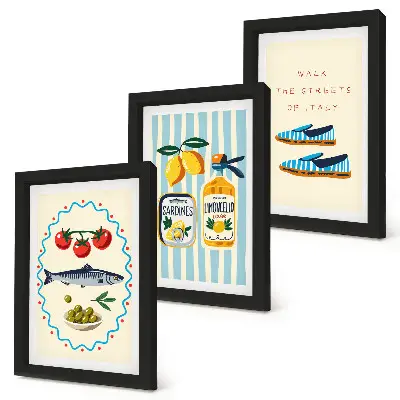 Photo frame wall featuring Italian-inspired lifestyle and colorful imagery