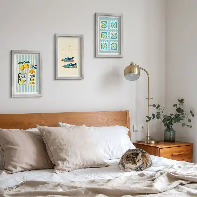 Framed triptych featuring fruit patterns and Italian cultural elements
