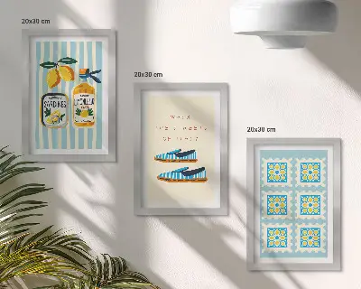 Framed triptych featuring fruit patterns and Italian cultural elements