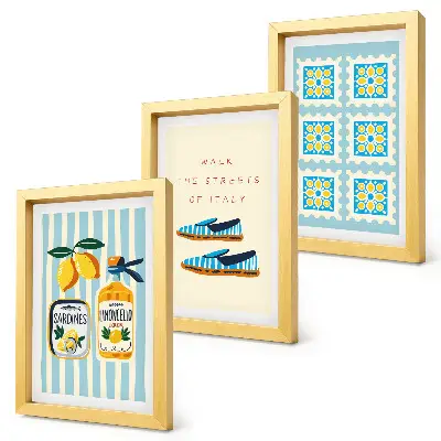 Framed triptych featuring fruit patterns and Italian cultural elements