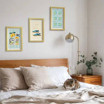 Framed triptych featuring fruit patterns and Italian cultural elements