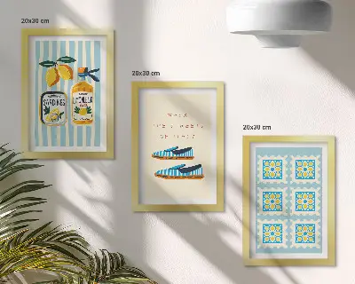 Framed triptych featuring fruit patterns and Italian cultural elements
