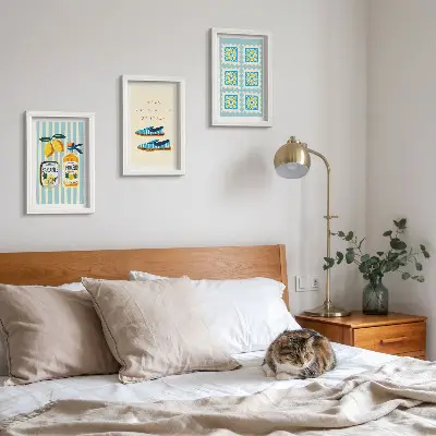 Framed triptych featuring fruit patterns and Italian cultural elements