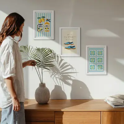 Framed triptych featuring fruit patterns and Italian cultural elements