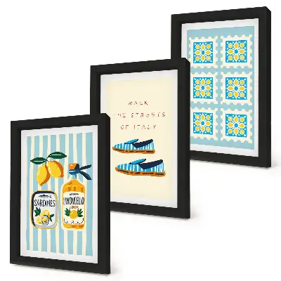 Framed triptych featuring fruit patterns and Italian cultural elements