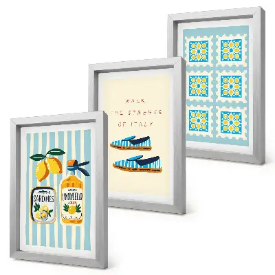 Framed triptych featuring fruit patterns and Italian cultural elements