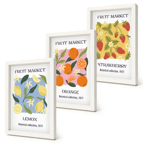 Photo frame wall gallery set with fruit posters featuring lemons, oranges, and strawberries