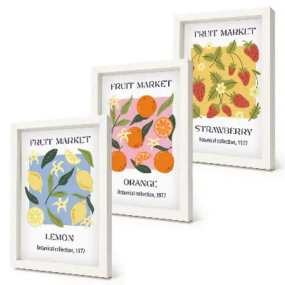 Photo frame wall gallery set with fruit posters featuring lemons, oranges, and strawberries