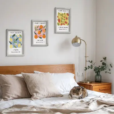 Photo frame wall gallery set with fruit posters featuring lemons, oranges, and strawberries