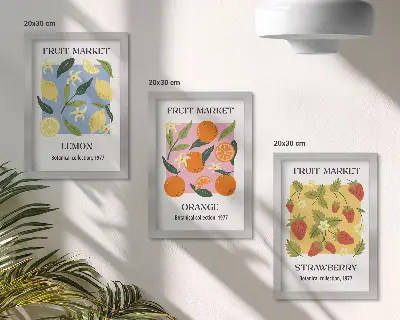 Photo frame wall gallery set with fruit posters featuring lemons, oranges, and strawberries