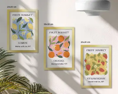 Photo frame wall gallery set with fruit posters featuring lemons, oranges, and strawberries