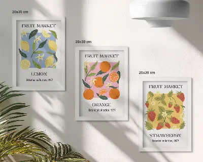 Photo frame wall gallery set with fruit posters featuring lemons, oranges, and strawberries