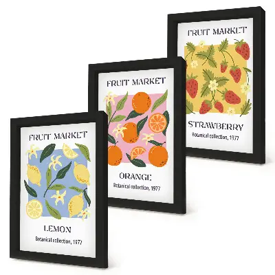 Photo frame wall gallery set with fruit posters featuring lemons, oranges, and strawberries