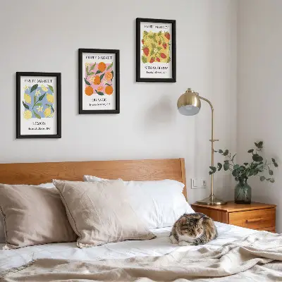 Photo frame wall gallery set with fruit posters featuring lemons, oranges, and strawberries