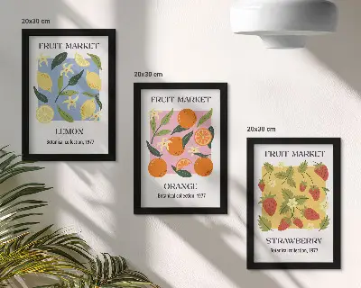 Photo frame wall gallery set with fruit posters featuring lemons, oranges, and strawberries