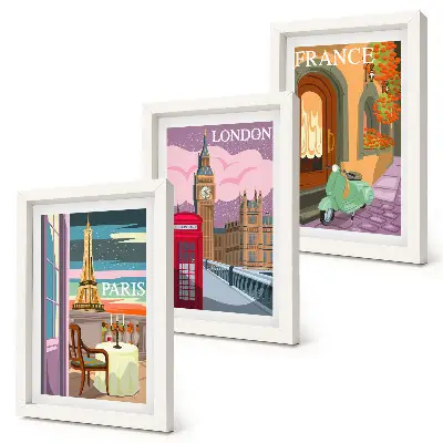 Retro Cityscapes of Paris, London, and France framed triptych