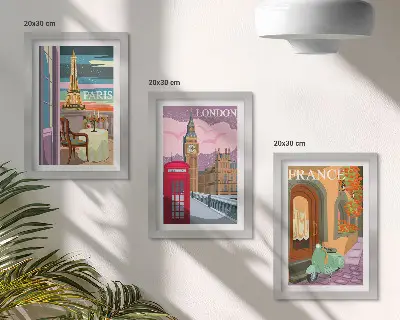 Retro Cityscapes of Paris, London, and France framed triptych