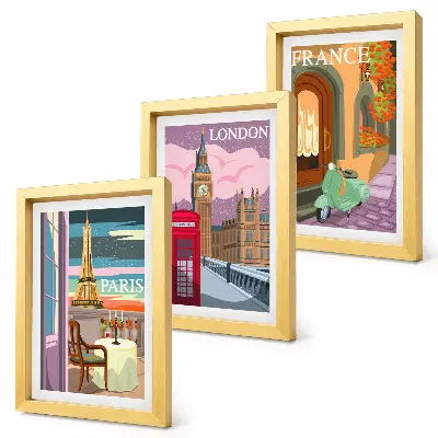 Framed triptych Retro cityscapes of Paris, London and France