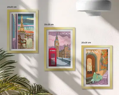 Retro Cityscapes of Paris, London, and France framed triptych