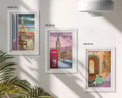 Retro Cityscapes of Paris, London, and France framed triptych
