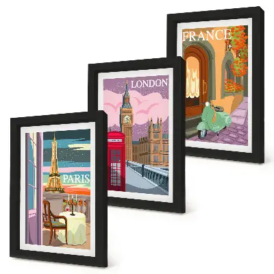 Retro Cityscapes of Paris, London, and France framed triptych