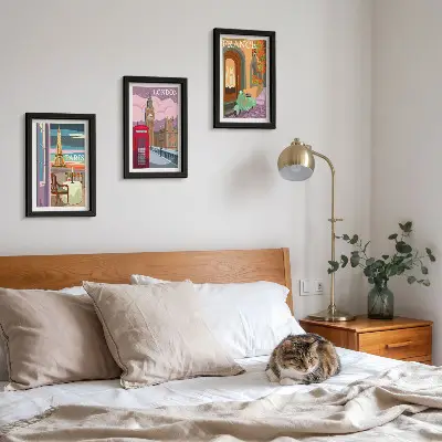 Retro Cityscapes of Paris, London, and France framed triptych