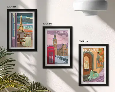 Retro Cityscapes of Paris, London, and France framed triptych