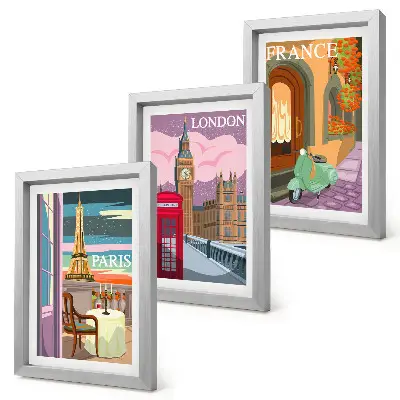 Framed triptych Retro cityscapes of Paris, London and France