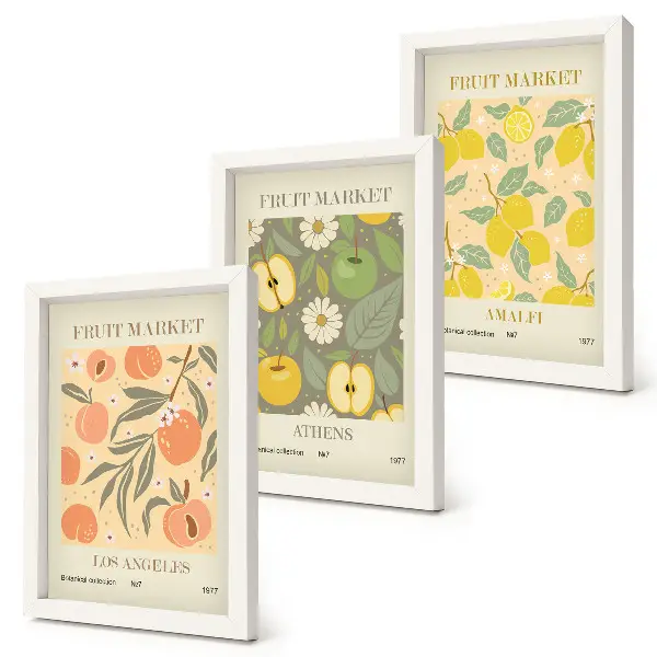 Photo frame wall with retro-style fruit pattern posters