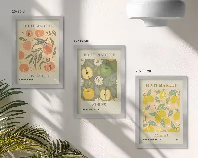 Photo frame wall with retro-style fruit pattern posters
