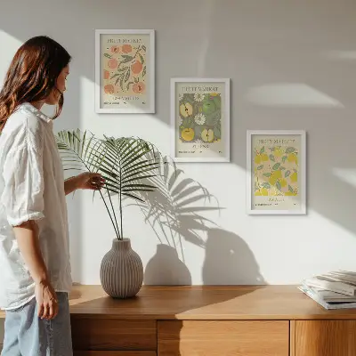 Photo frame wall with retro-style fruit pattern posters