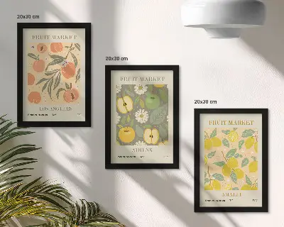 Photo frame wall with retro-style fruit pattern posters