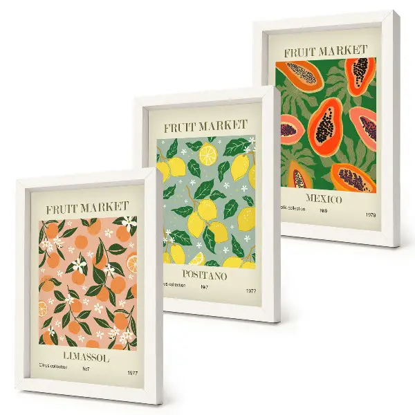 3-piece wall art set featuring citrus and tropical fruits in a retro style