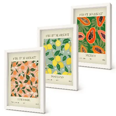 3-piece wall art set featuring citrus and tropical fruits in a retro style