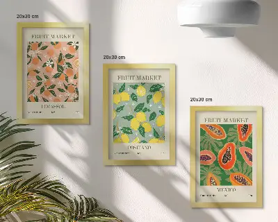 3-piece wall art set featuring citrus and tropical fruits in a retro style
