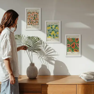 3-piece wall art set featuring citrus and tropical fruits in a retro style