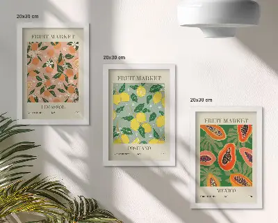 3-piece wall art set featuring citrus and tropical fruits in a retro style
