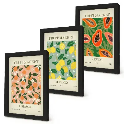 3-piece wall art set featuring citrus and tropical fruits in a retro style