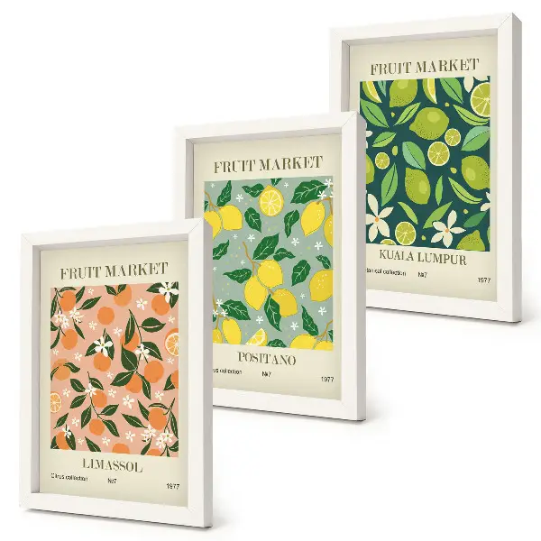 Photo frame wall featuring fruity patterns with citrus fruits and vintage flowers