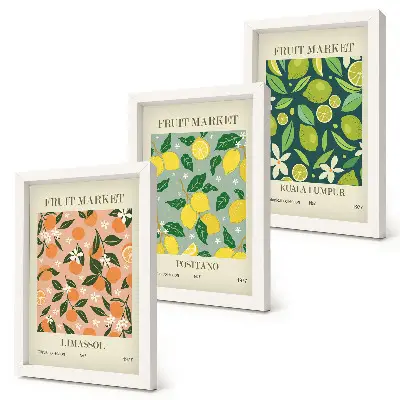 Photo frame wall featuring fruity patterns with citrus fruits and vintage flowers