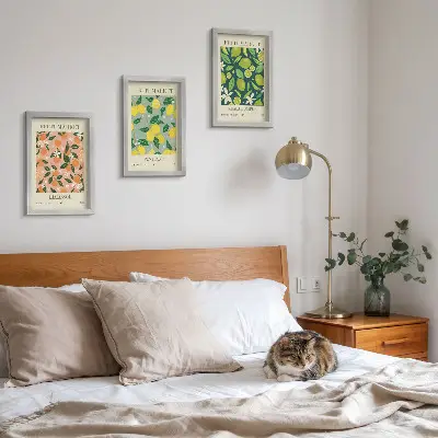 Photo frame wall featuring fruity patterns with citrus fruits and vintage flowers
