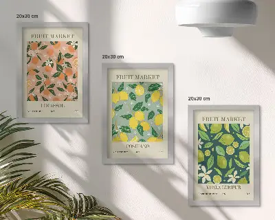 Photo frame wall featuring fruity patterns with citrus fruits and vintage flowers