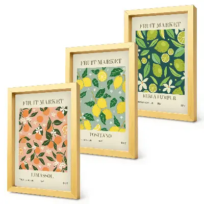 Photo frame wall featuring fruity patterns with citrus fruits and vintage flowers