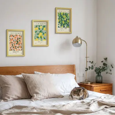 Photo frame wall featuring fruity patterns with citrus fruits and vintage flowers