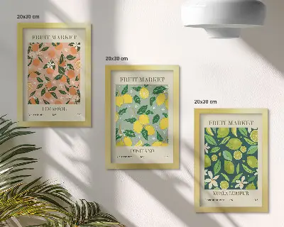 Photo frame wall featuring fruity patterns with citrus fruits and vintage flowers