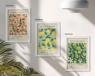 Photo frame wall featuring fruity patterns with citrus fruits and vintage flowers