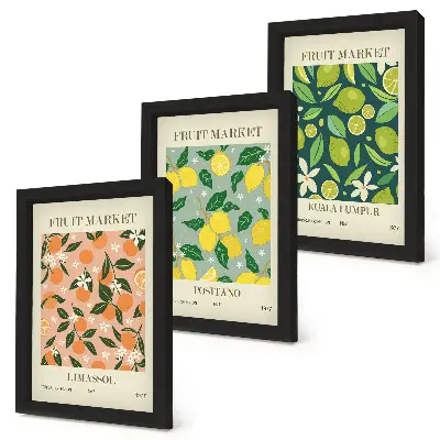 Photo frame wall featuring fruity patterns with citrus fruits and vintage flowers