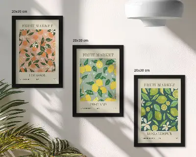 Photo frame wall featuring fruity patterns with citrus fruits and vintage flowers