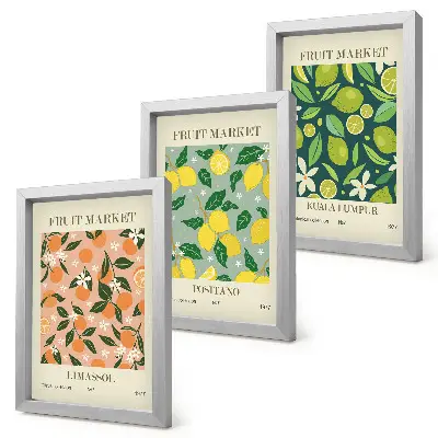 Photo frame wall featuring fruity patterns with citrus fruits and vintage flowers