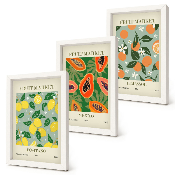 Framed triptych Fruit posters lemons papayas tangerines flowers